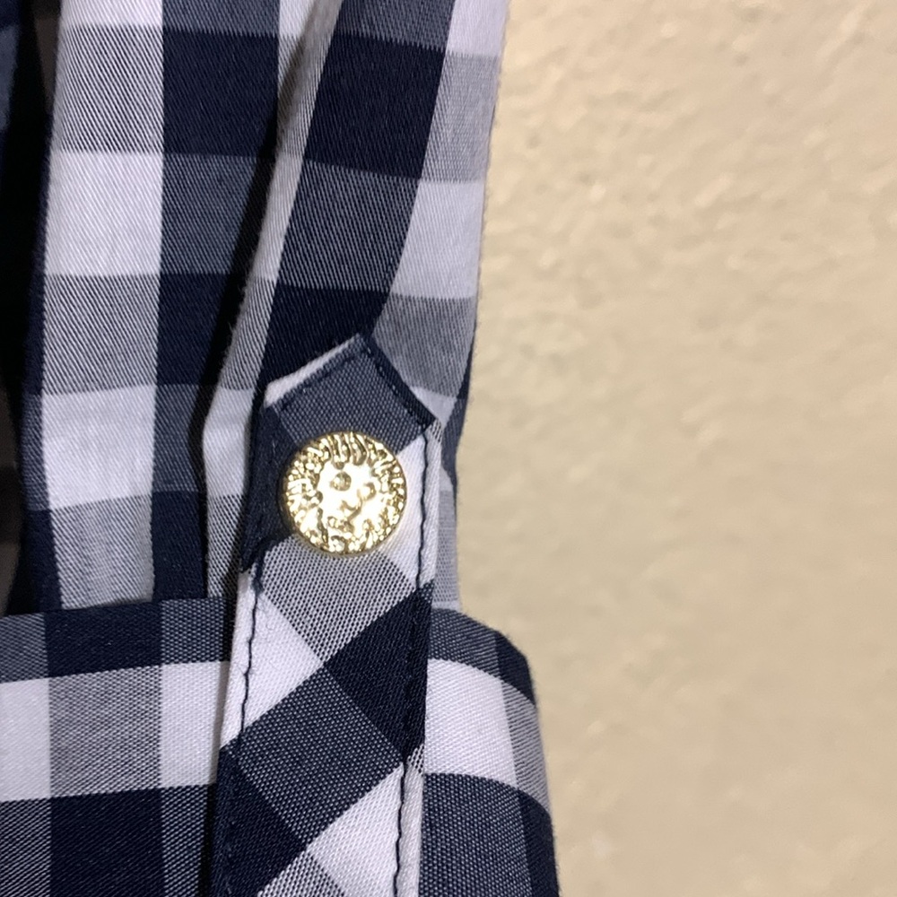 Anne Klein Navy and White Top Gingham Plaid Front Buttons 3/4 Sleeve Cotton - Picture 16 of 16